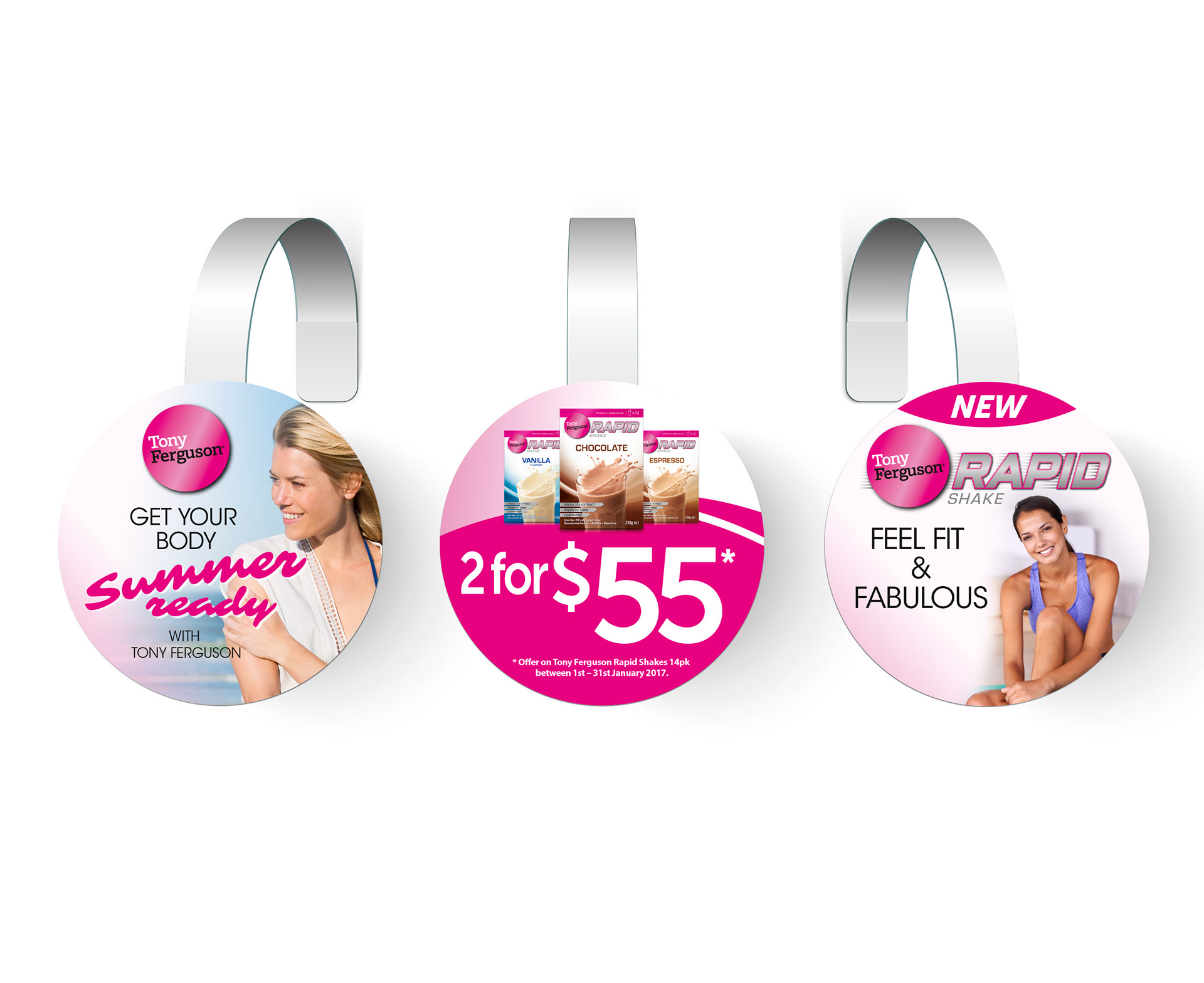 Shelf wobblers from three different Tony Ferguson promotions.