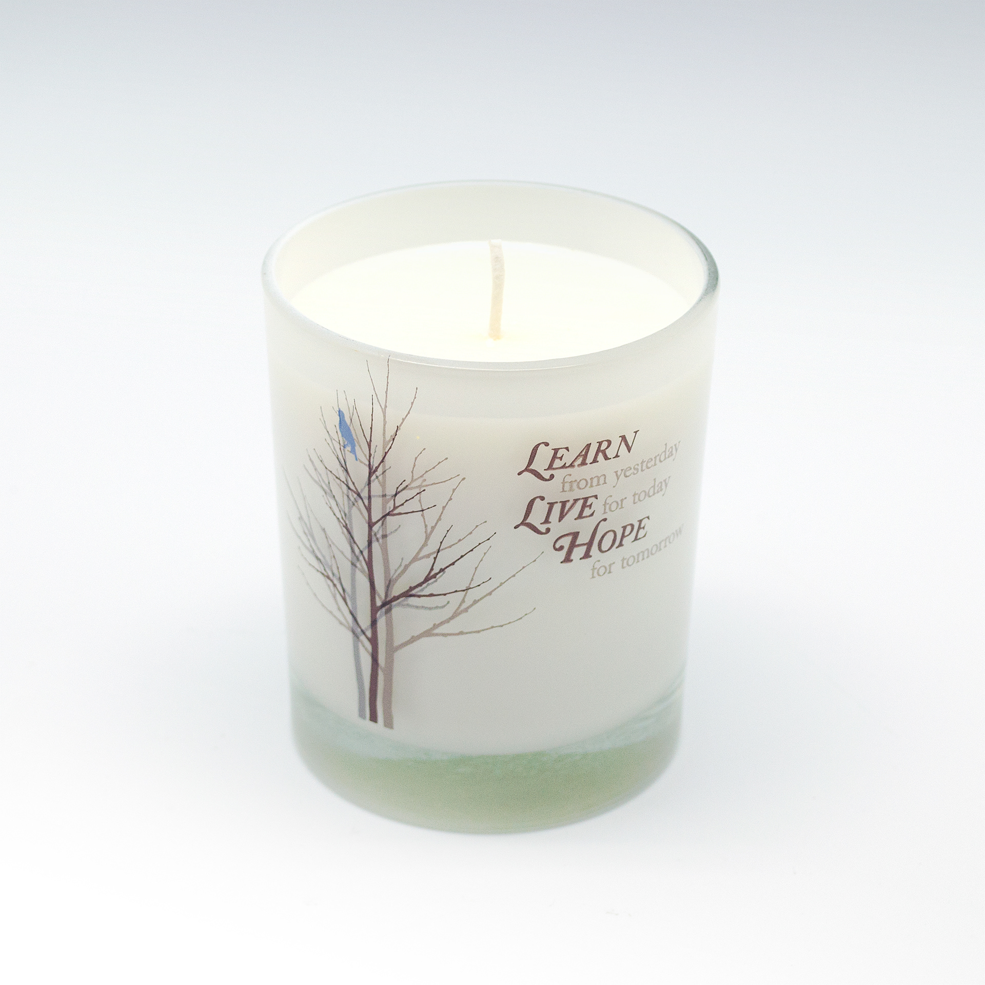 Learn - type and illustration composition on scented candle glass container.