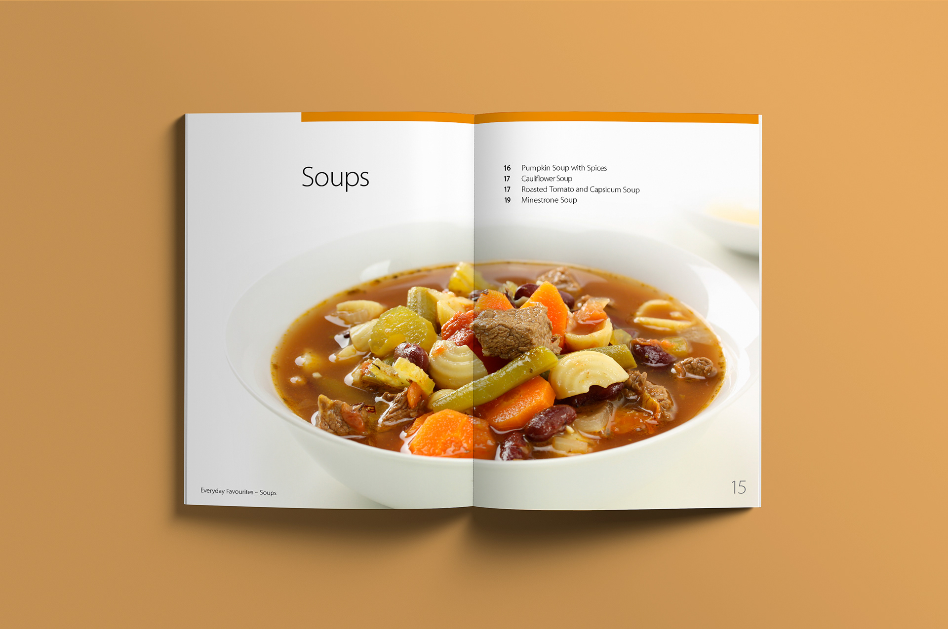 Soups section start double page spread with soup meal image across both pages.