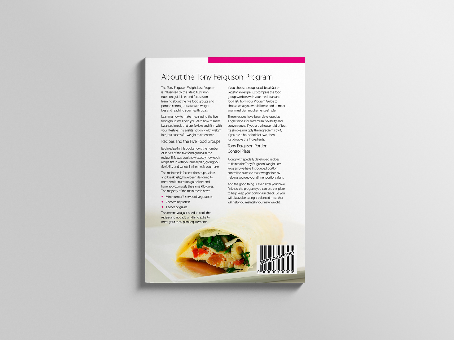 Tony Ferguson recipe book back cover with positional barcode in place.