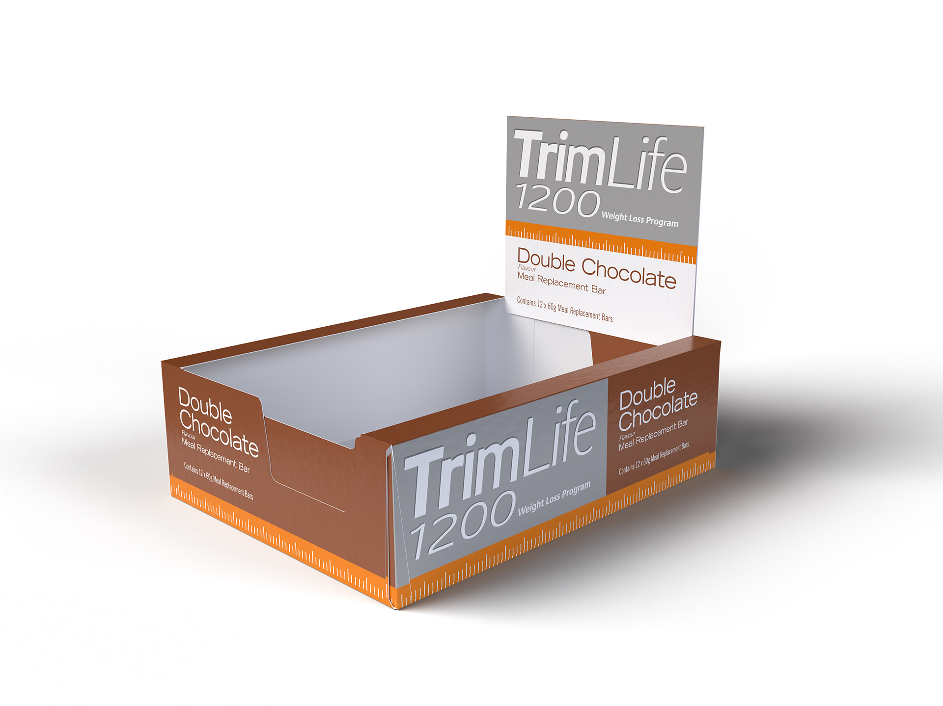 TrimLife 1200 Double Chocolate Meal Replacement bar shipper.