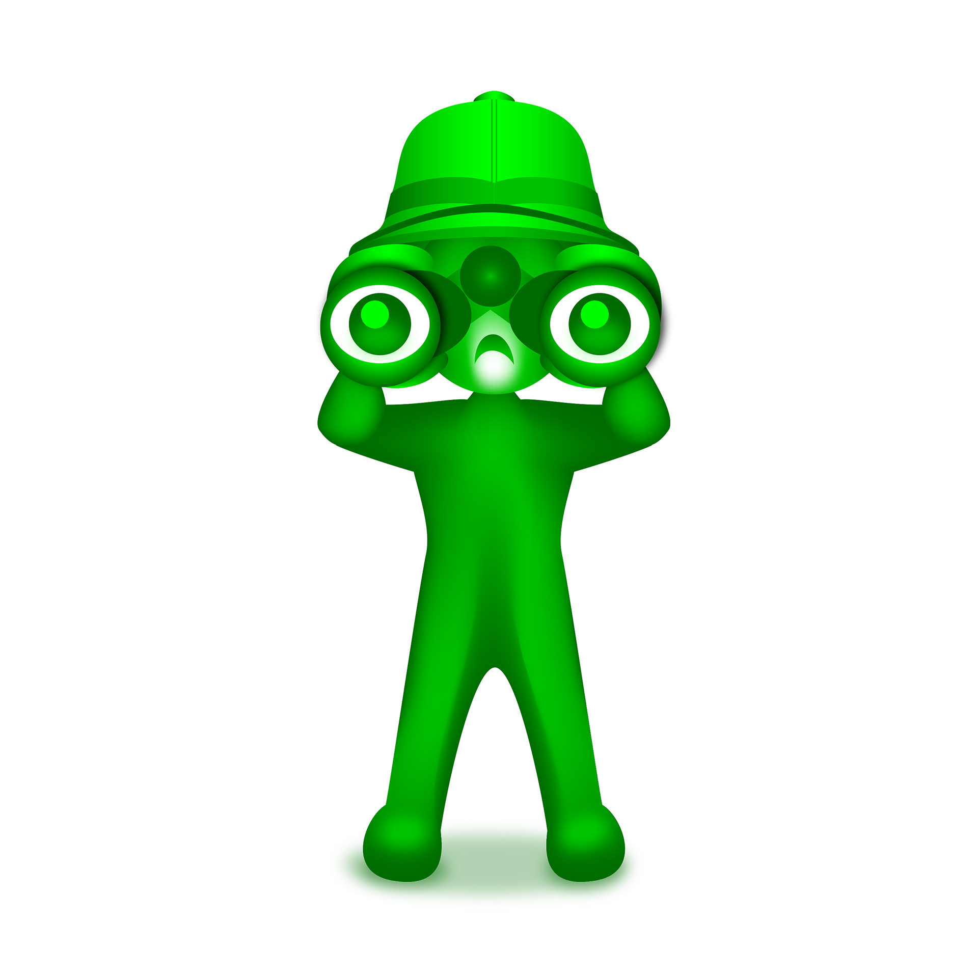 Short toy-like character with Pith helmet and large eyes staring out of a pair of binoculars.