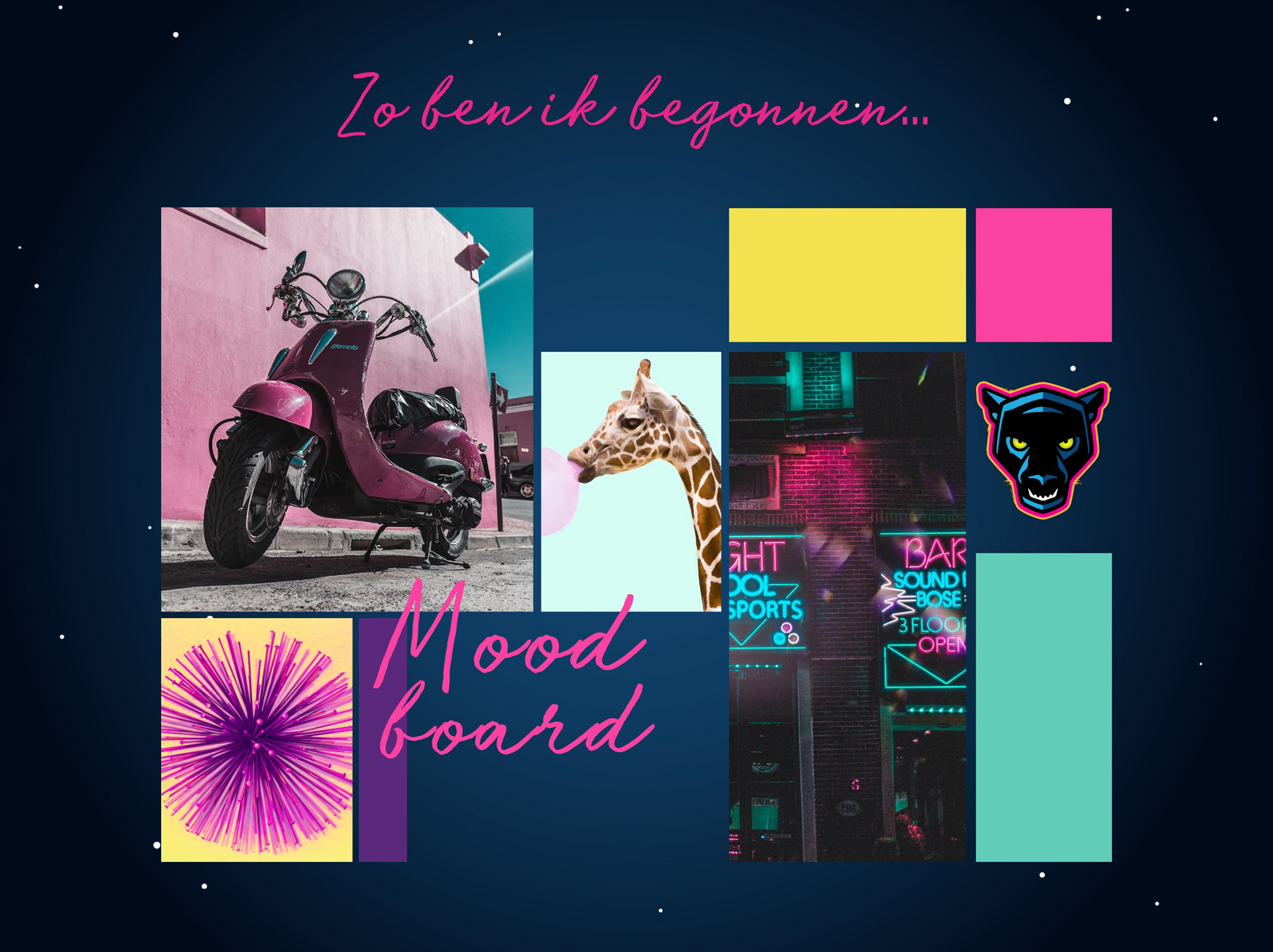 Dit is mijn gekozen moodboard, ik heb gekozen voor de kleuren die ik ook in mijn portfolio gebruik omdat het een kenmerk van mij is. Daarnaast zie je een illustratie van een tijger, deze stijl heb ik ook bij mijn gemaakte animals toegepast.