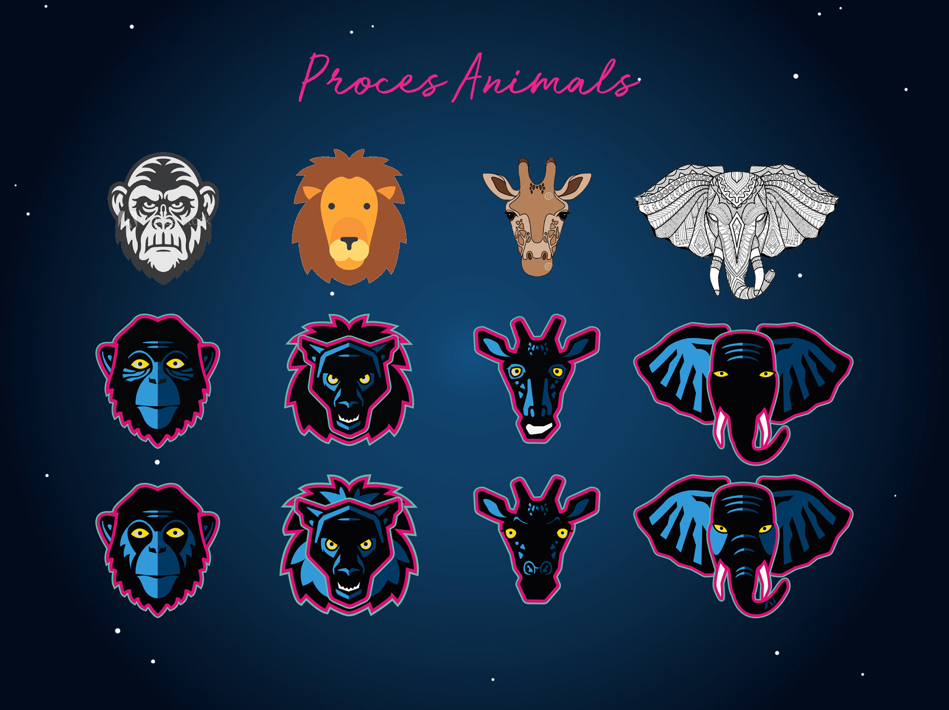Hier staat het proces van de animals. (boven naar beneden). Je ziet dat ik eerst bestaande illustraties heb gebruikt als uitgangspunt, op basis hiervan heb ik een eerste versie gemaakt, deze 1e versie heb ik vervolgens uitgewerkt naar mijn eindresultaat (onderste rij)