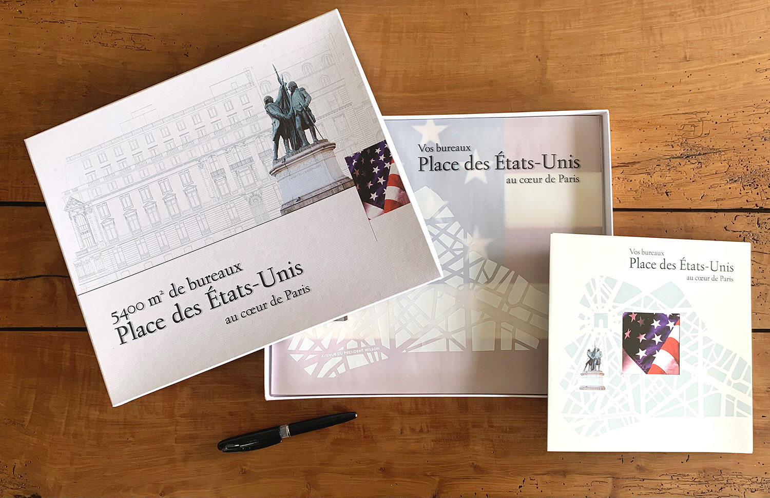Coffret commercial pour Auguste Thouard.  Présentation de bureaux Place des États-Unis (Paris XVIe)  pour la mise en vente de 5400 m2 de bureaux.