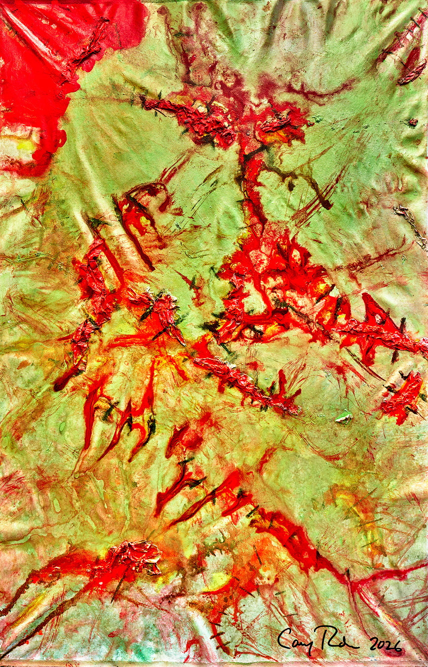 "PTSD" 2026 72x48 acrylic, charcoal, rice paper, pigments, safety pins on canvas