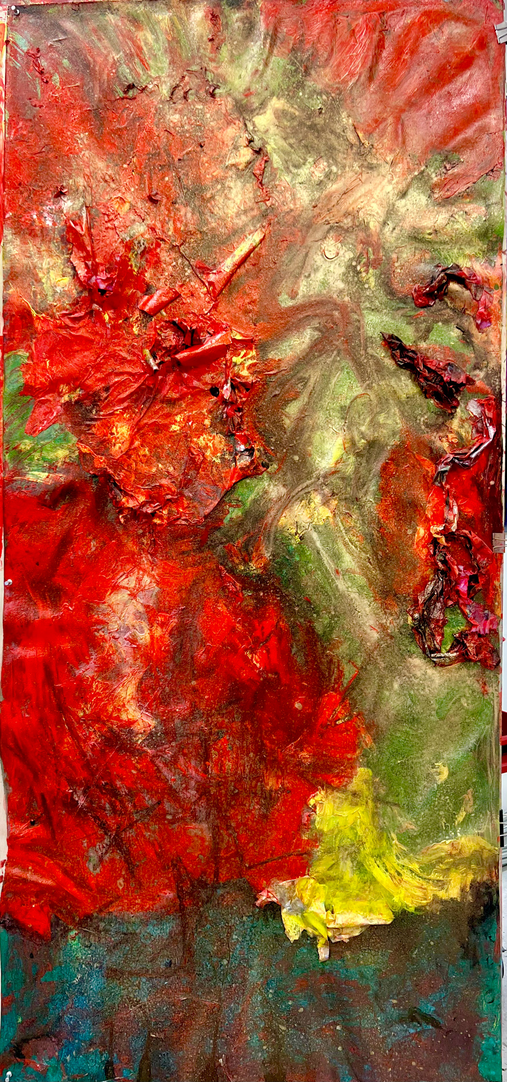 "Eviscerated" 2025 72x36 acrylic, charcoal, pigment, paper on canvas