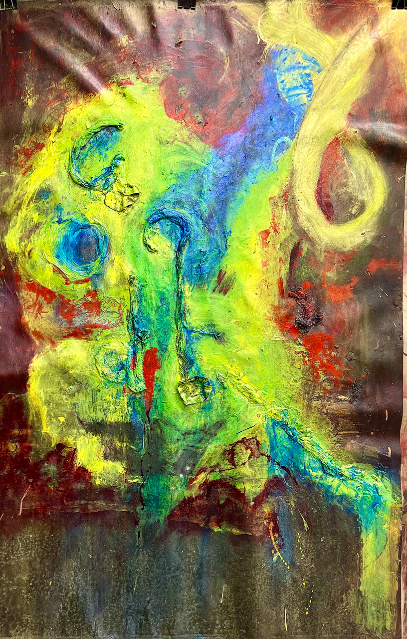 "The Note (Goodbye)" 2025 72x48 Acrylic, charcoal, pigment, used fishnet stockings on canvas