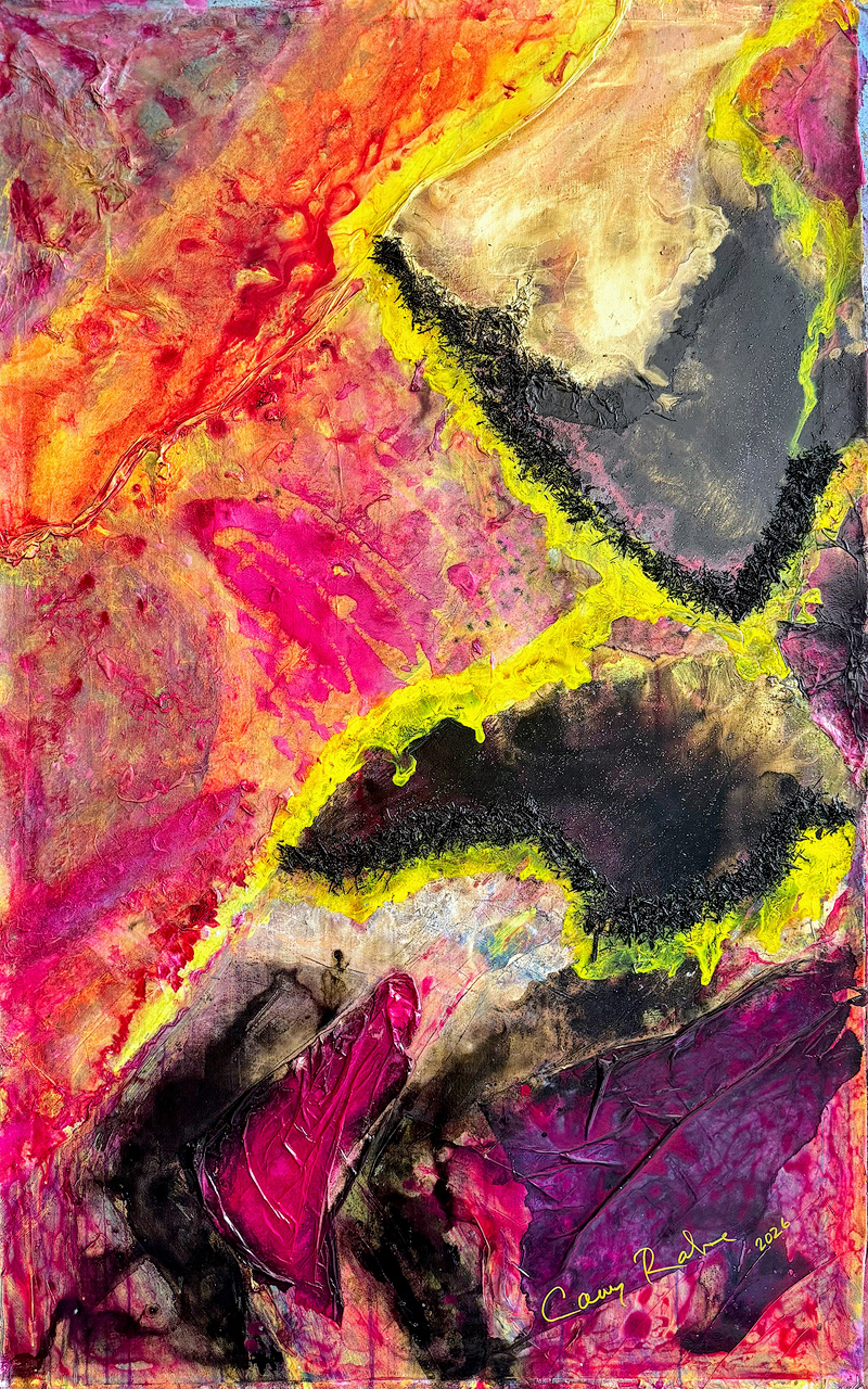 "Dancin' " 2026 66x42 acrylic, rice paper, oil pastel, shredded rubber tire on canvas