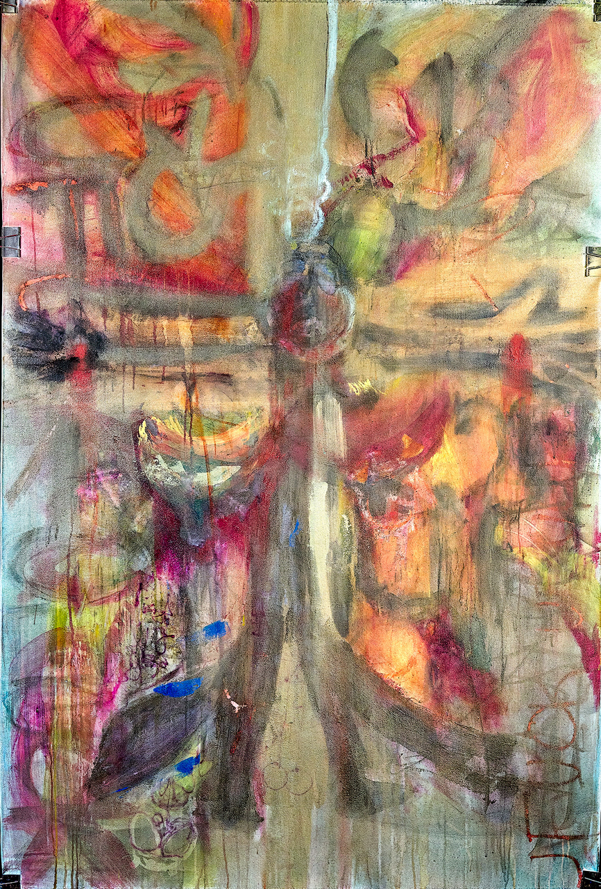 "Belt & Suspenders" 2025 72x48 acrylic, charcoal, oil pastel on canvas