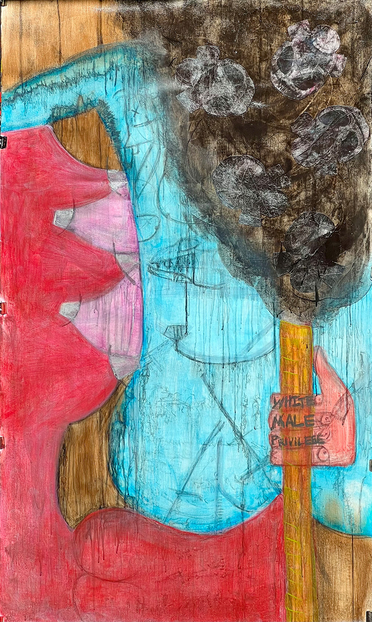 "White Male Privilege"  2025 72x42 acrylic, charcoal, paper on canvas