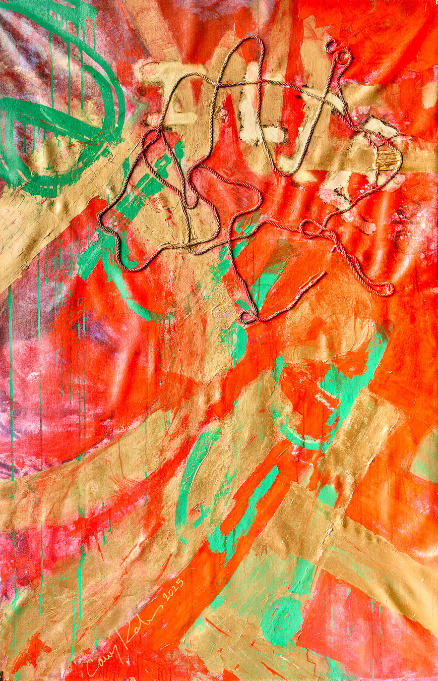 "I'm fine, I lie, we die" 2025 72x48 acrylic, rope, archival tape on canvas