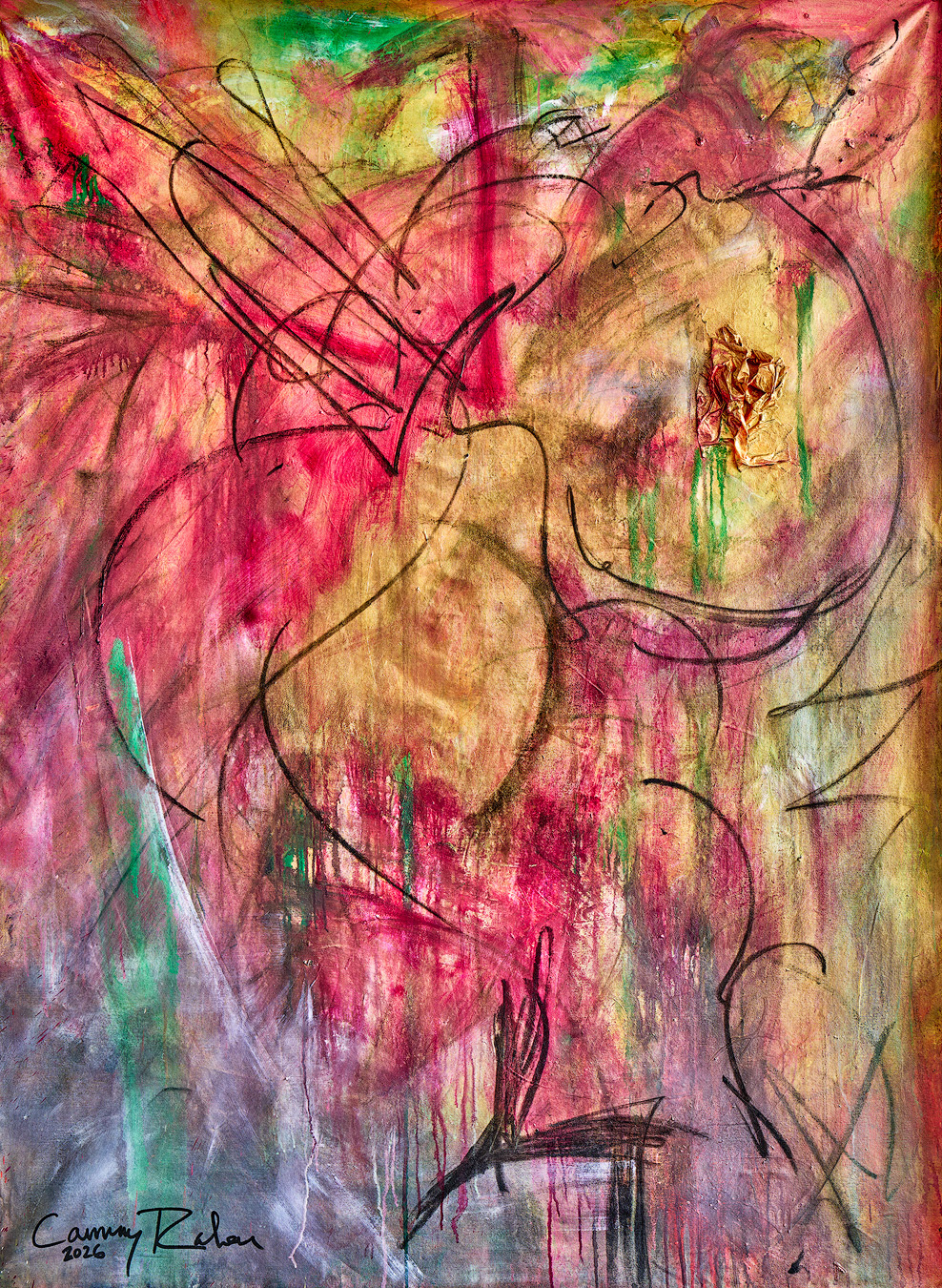 "It's all in your head" 2026 80x64 acrylic, charcoal, rice paper, pigments on canvas