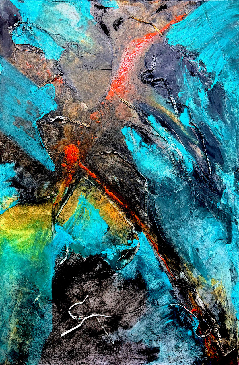 "Monster" 2026 72x48 acrylic, rice paper, charcoal, watercolor pad spiral edges on canvas