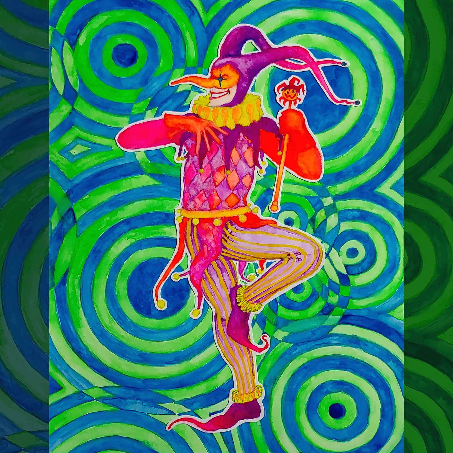 "The Jester." Original illustration painted with neon watercolors.