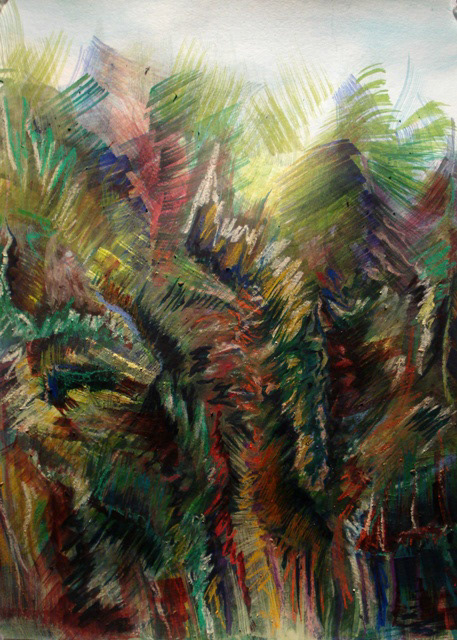 "Landscapes of my mind'' series. Title: "in the thicket of it". Watercolour, water soluble oil pastels. 11 x 15" © Debora Alanna.