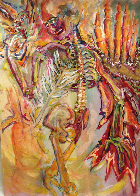 "Bird in the hand - hand in a bush - two of a feather - feather leaves one breathless" 14 x 10" - mixed media