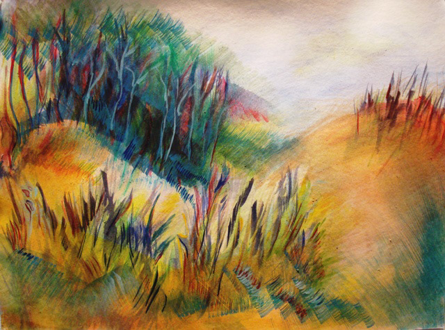 "Landscapes of my mind'' series. Title: "Scrub". Watercolour. 11 x 15". © Debora Alanna.