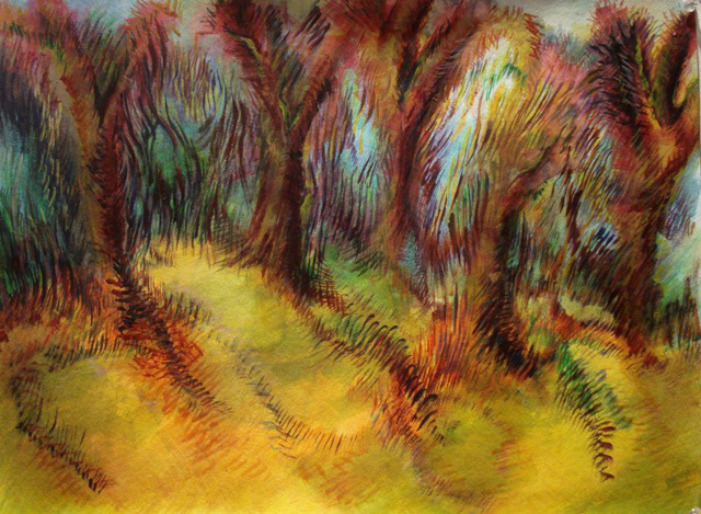 "when the sky tickles trees". Watercolour. 11 x 15" © Debora Alanna.