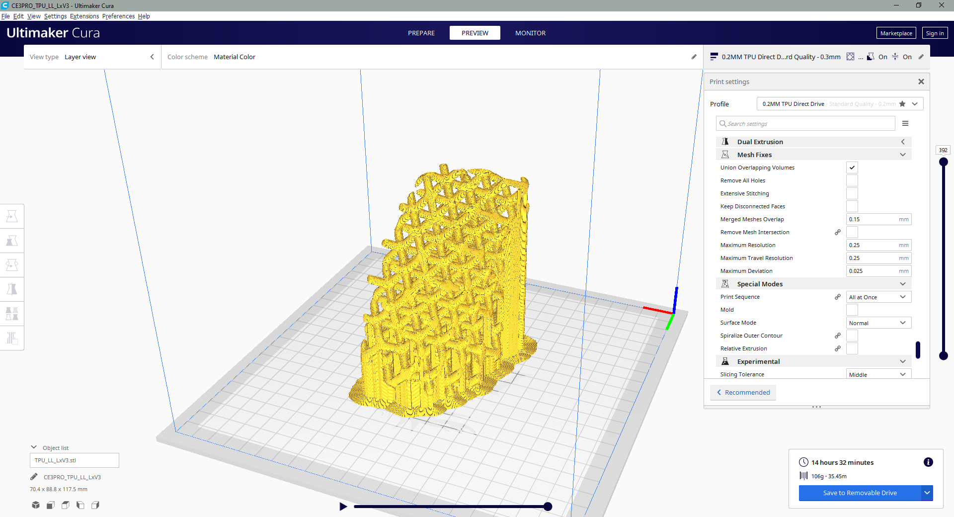 Lattice structure in Cura for 3D printing.