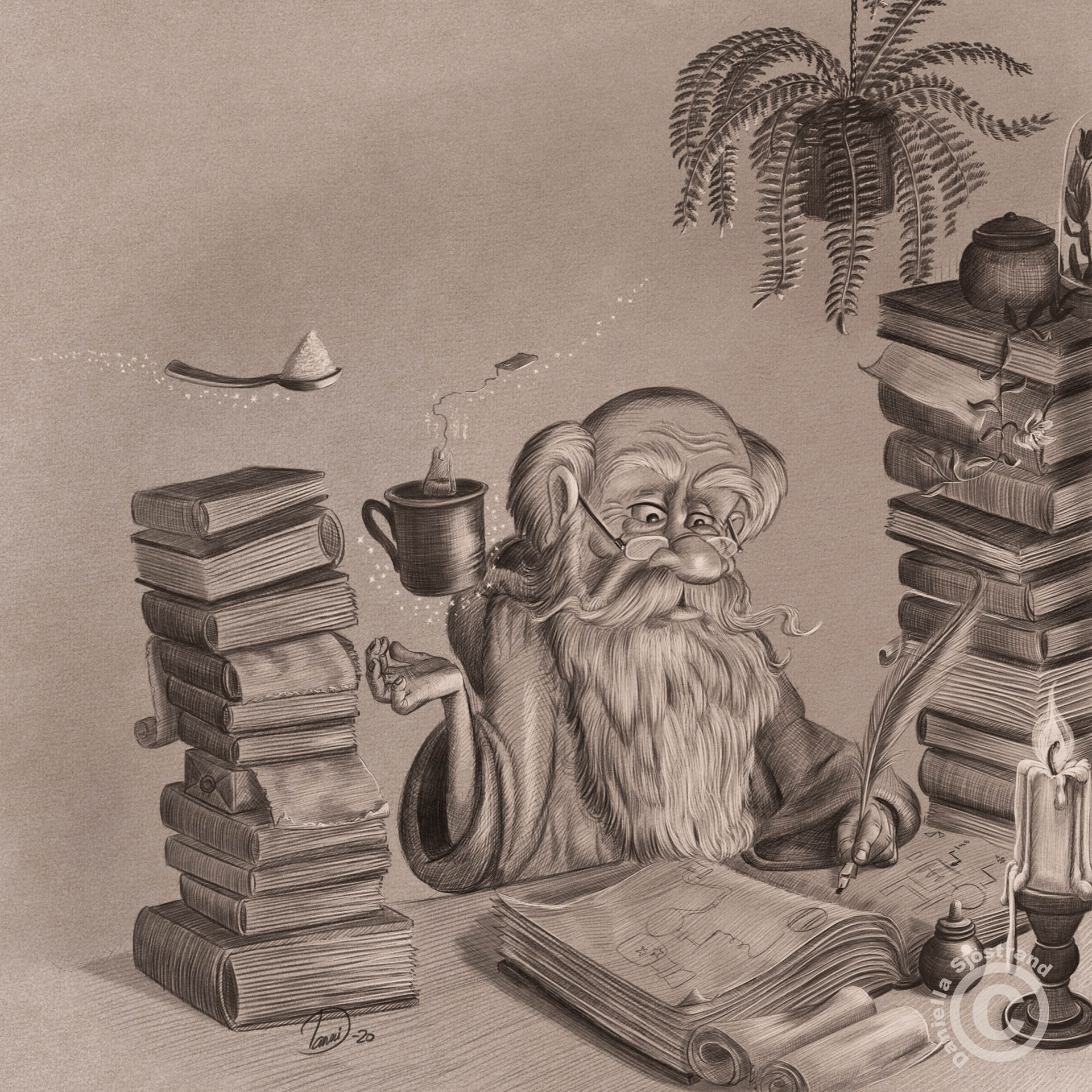 Illustration of a cute wizard making a magical cup of tea