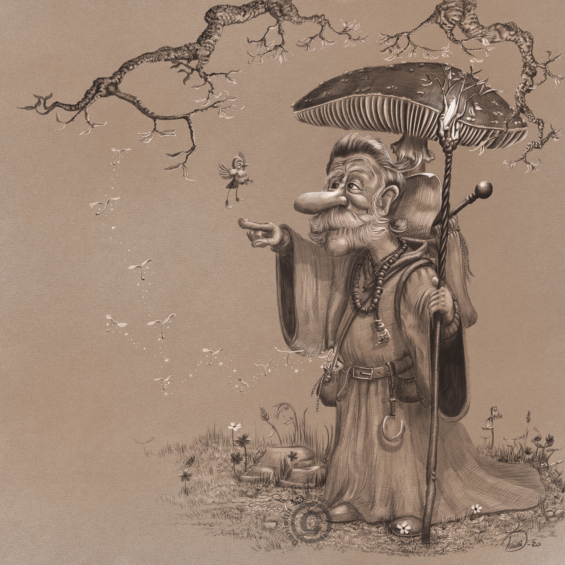 A cute illustration of a druid making a new friend