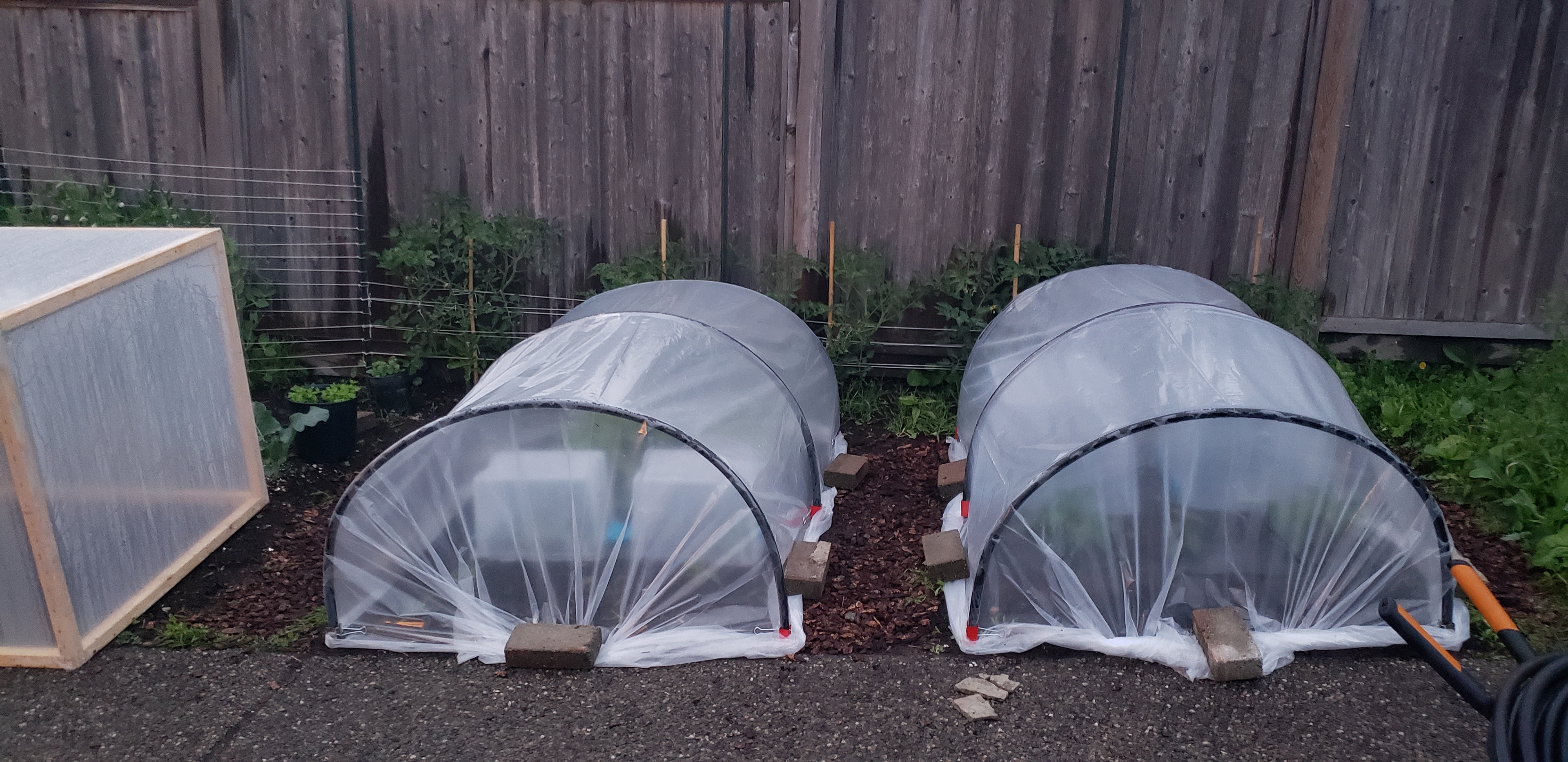 Cold frame. Hoop greenhouses. Tomato stakes.