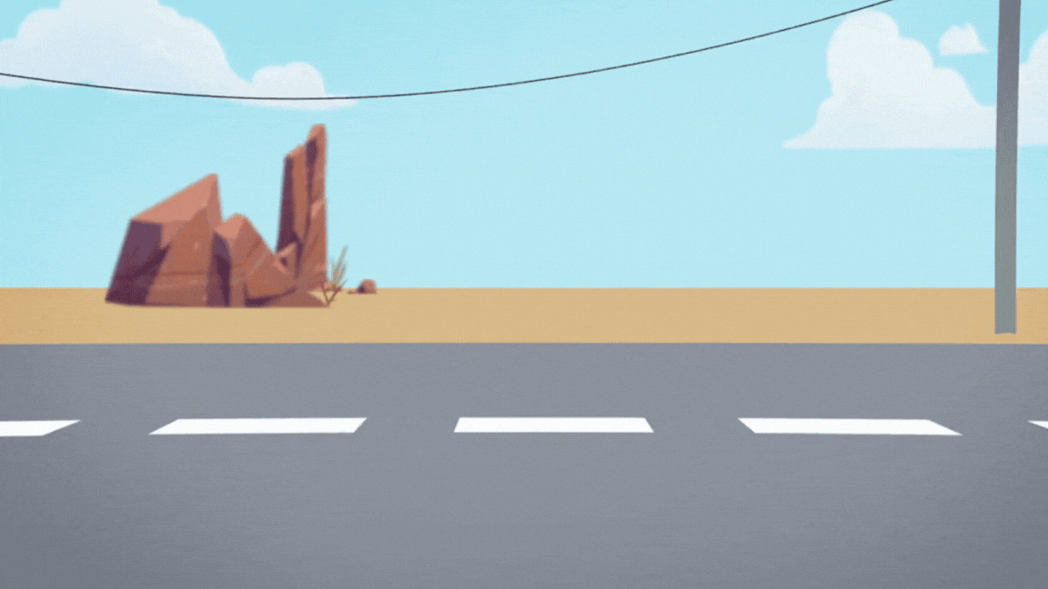 Um carro animado no After Effects, estilo cartoon, andando em uma rua em um deserto.