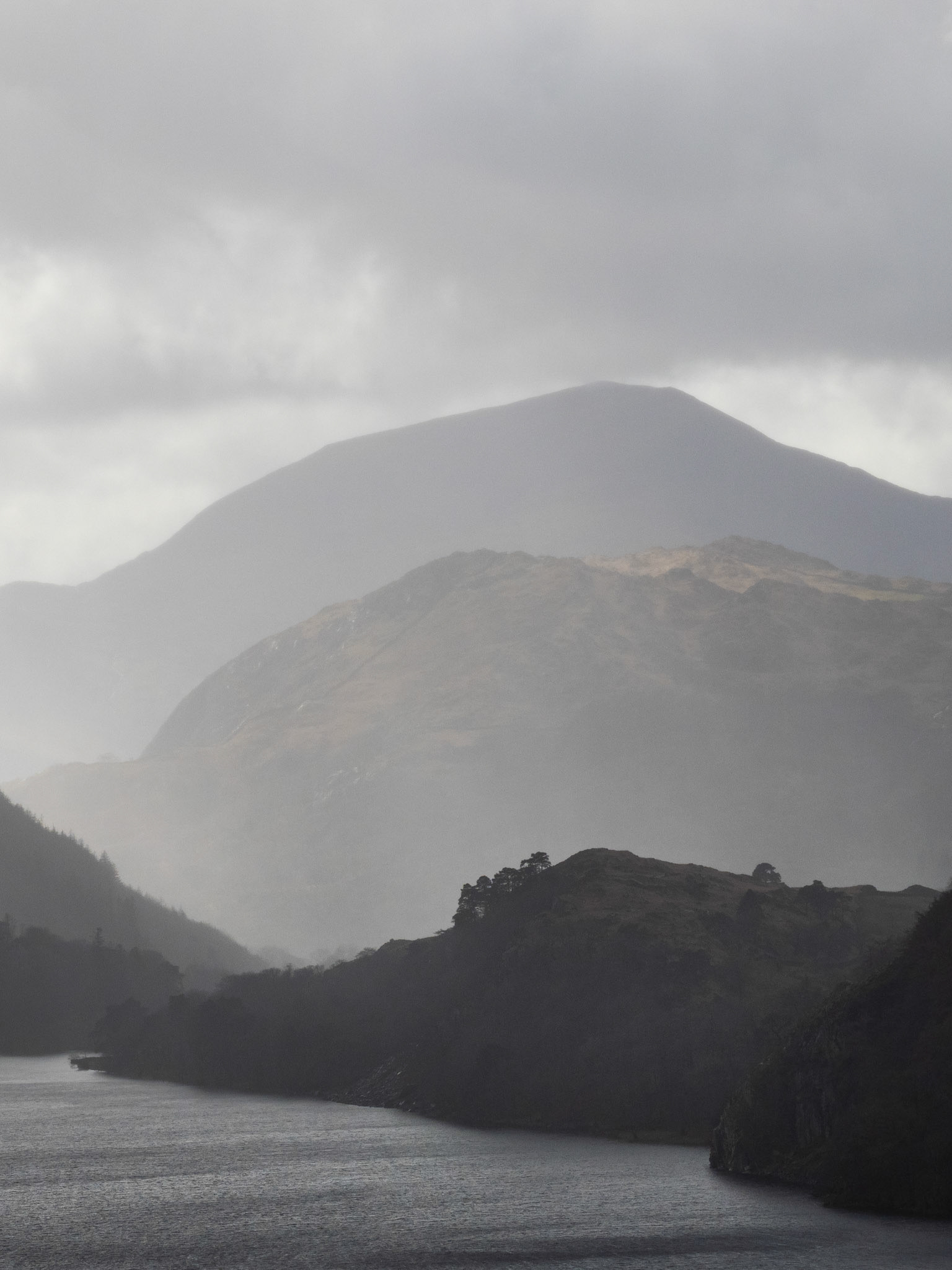 Looking down Nant Gwynant with Moel Hebog looking moody in the rain.