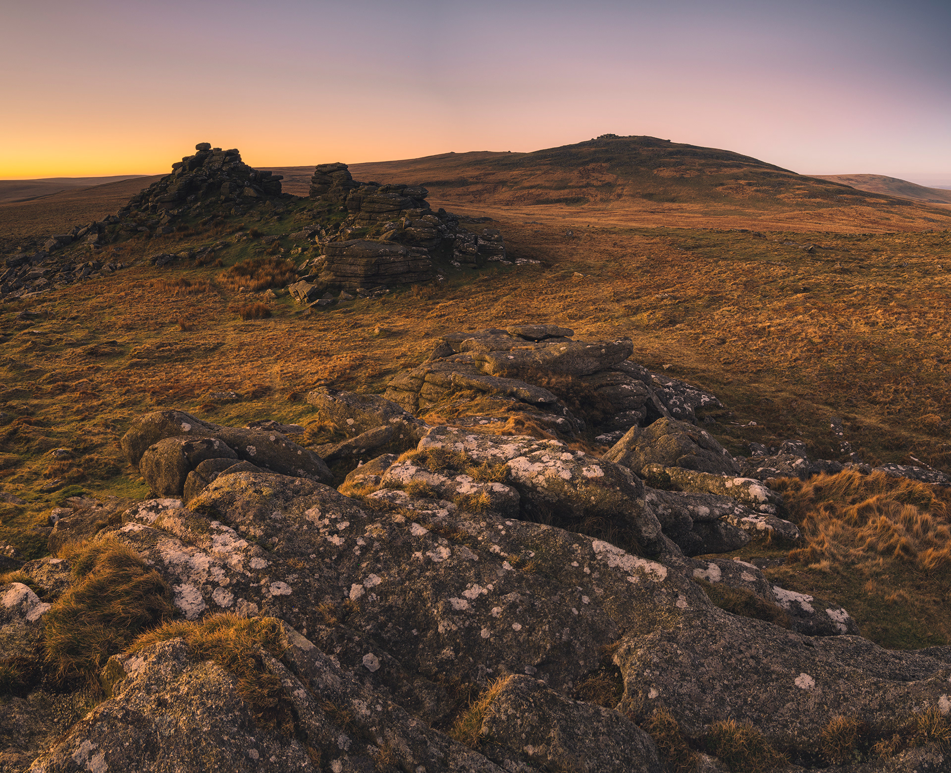 West Mill Tor, Yes Tor and High Willhays Tor at sunrise