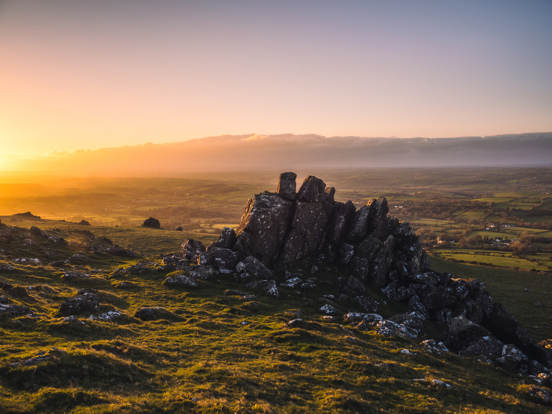 sunset at Sourton Tors after Storm Arwen