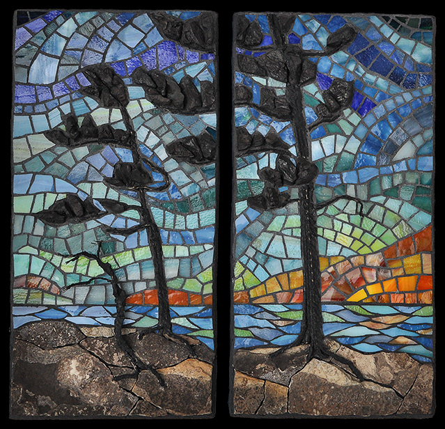 SOLD - Longing for Serenity, diptych, 2020, 6" X 12" (x 2). Slag, stained glass, shale, tire shreds.