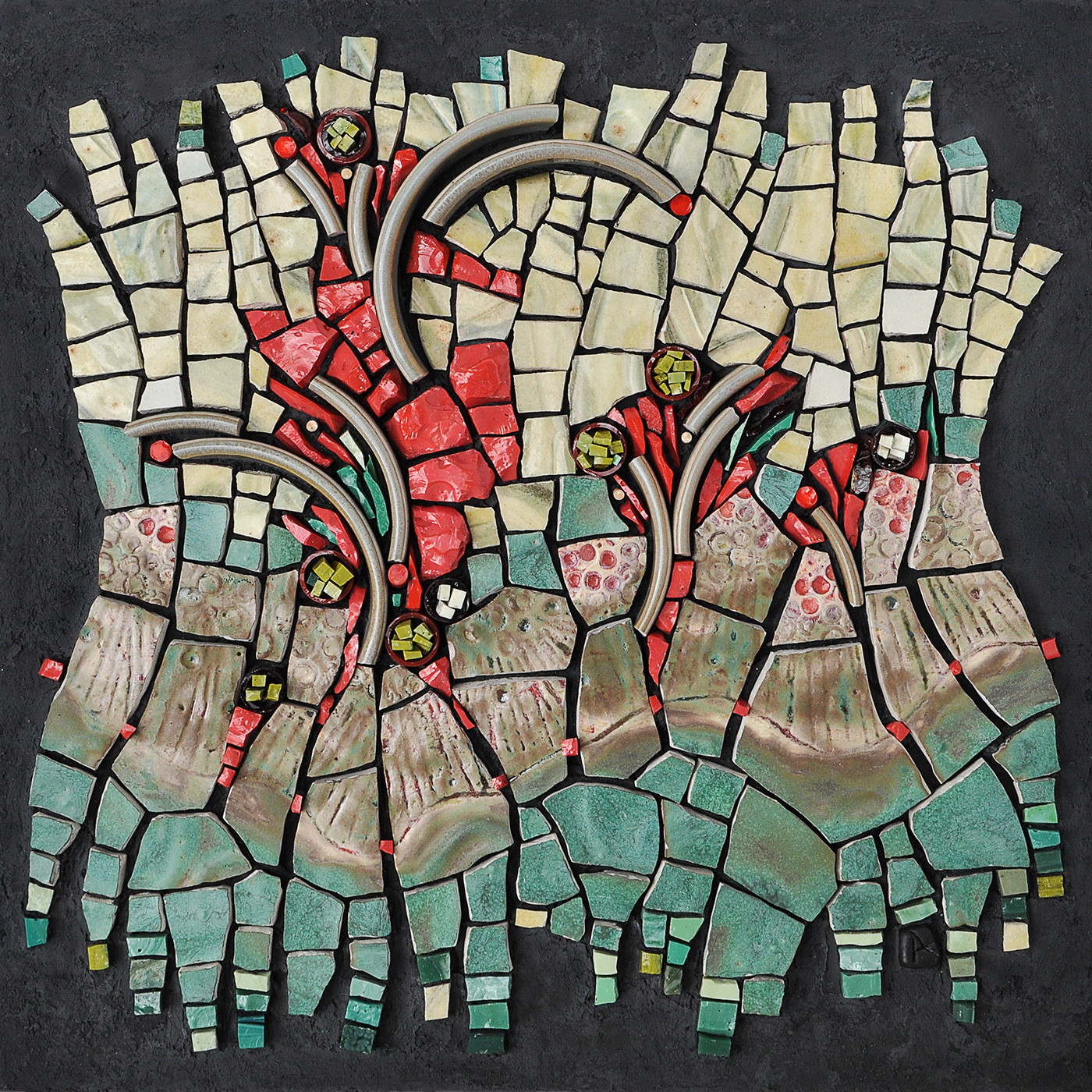 SOLD - Resurgence, 2020, 12" X 12". Broken cups, salvaged ceramic, vintage neon glass, smalti, glass rods.