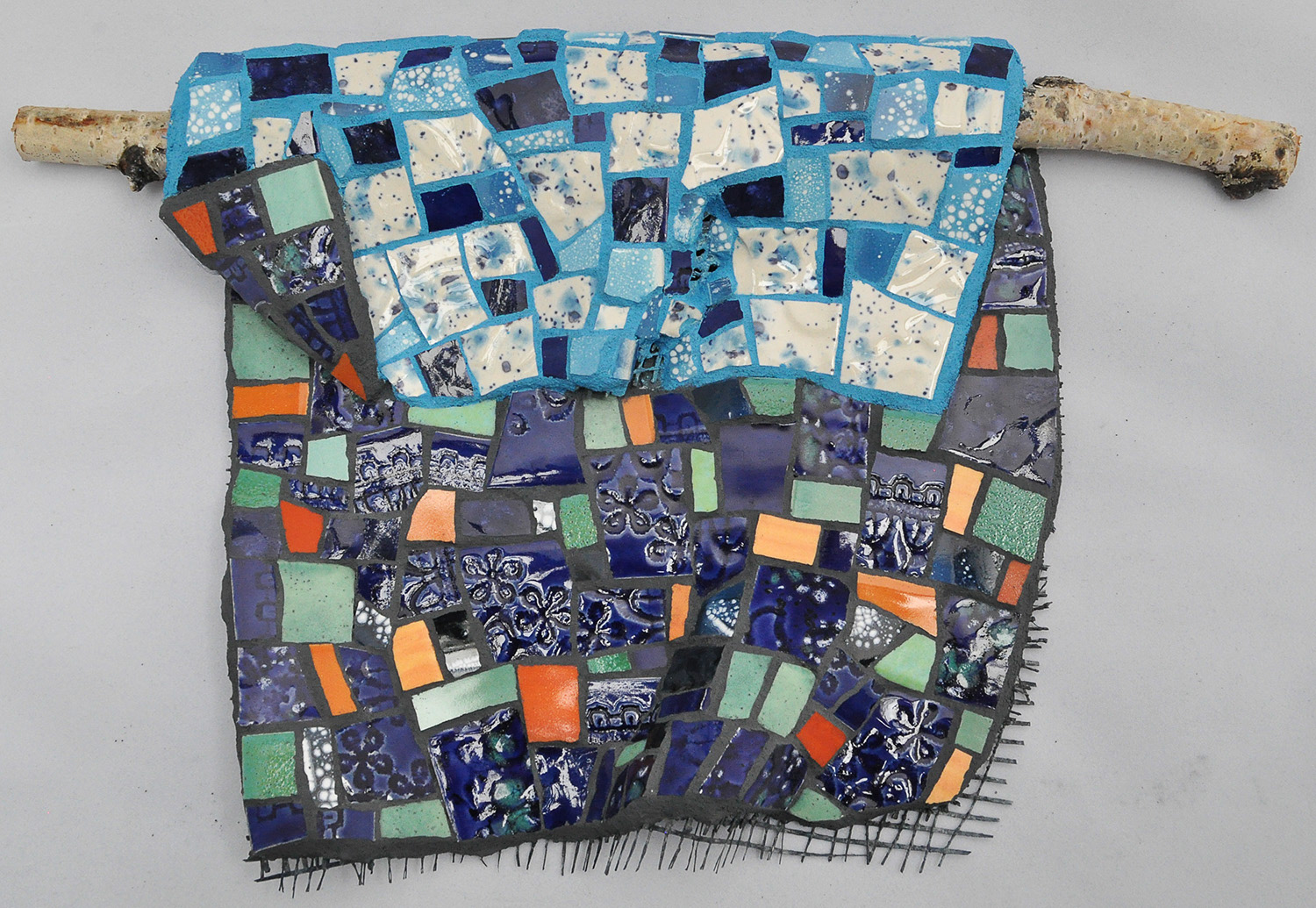 A Tribute, 2024, 12.75" X 8", handmade substrate, birch branch, handmade ceramics.