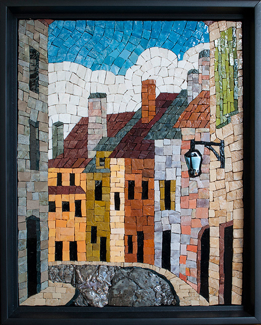 Mediterranean Village, 2014, 11" X 14" (12" X 15" with frame), NFS, Smalti, stained glass, fused glass.