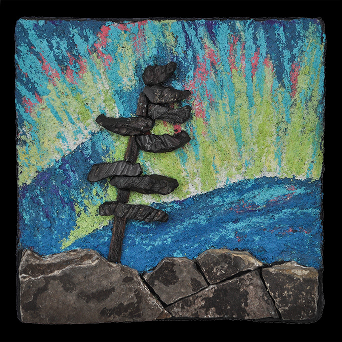 Resilience, 2019, 6" X 6", SOLD. Slag, wood, shale, tinted thinset