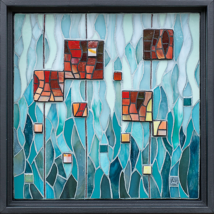 That Sinking Feeling, 2017, 11 1/2" X 11 1/2". Stained glass, recycled glass tiles, copper wire.