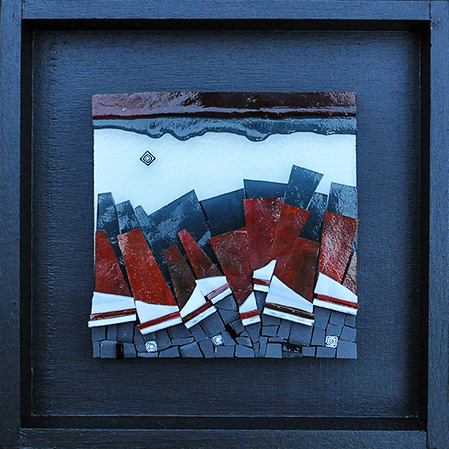 Troubled Waters, 2013, 6" X 6" (10" X 10" with frame). Layered stained glass, mirror, porcelain, millefiori.