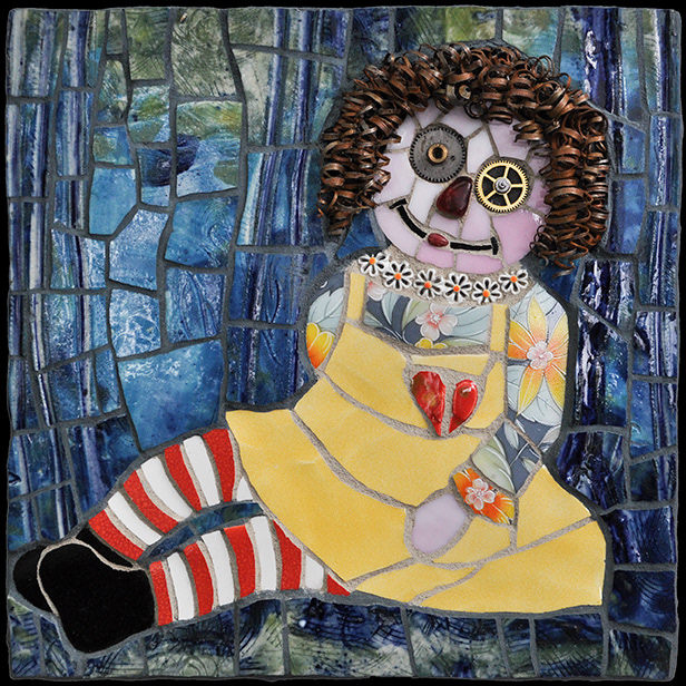 Dream, 2018, 8" X 8", Salvaged handmade ceramics and manufactured tiles, crockery, stained glass, rusted metal curls, watch gears.