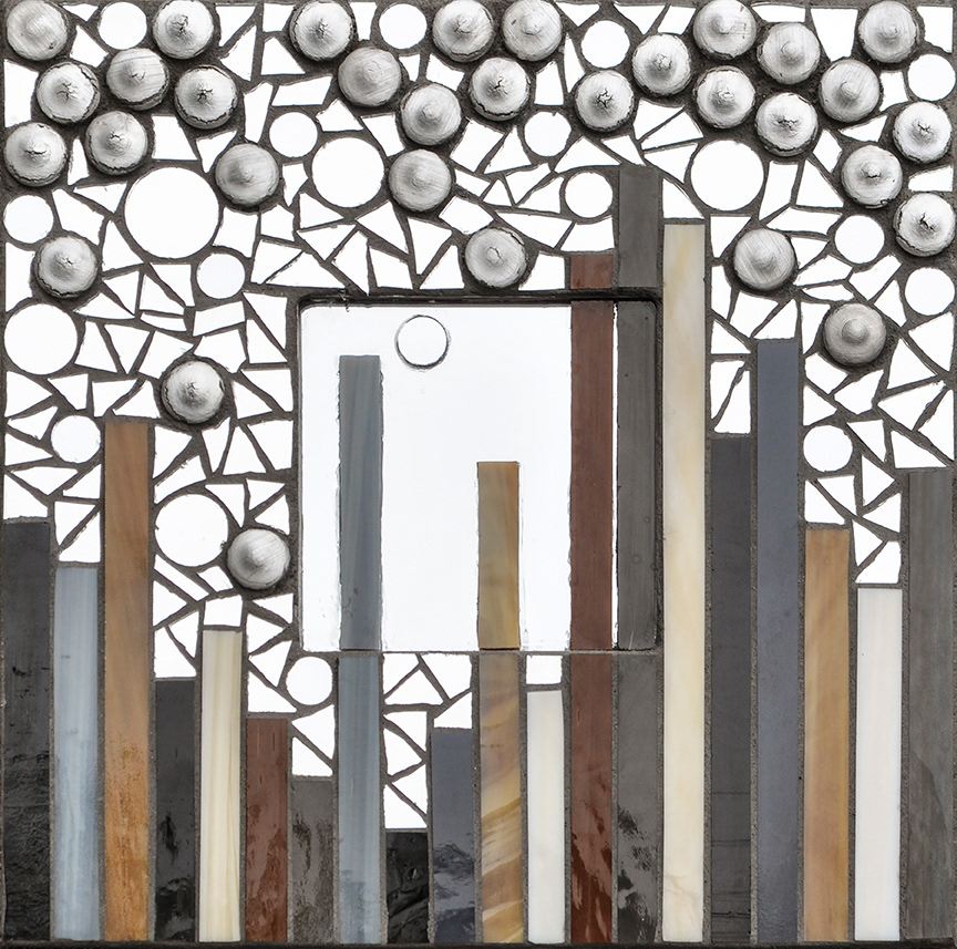 Reach for the Bits, 2016, 11 1/2" X 11 1/2". Stained glass, mirror, aluminum "bits" from sign manufacturing.