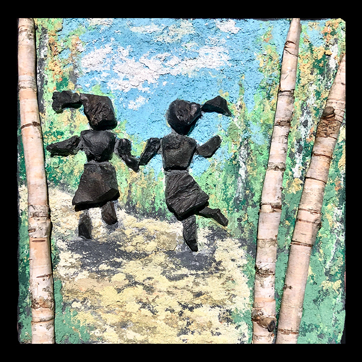 SOLD - Girlfriends, 2019, 5" X 5". Slag, wood, birch bark, tinted thinset.