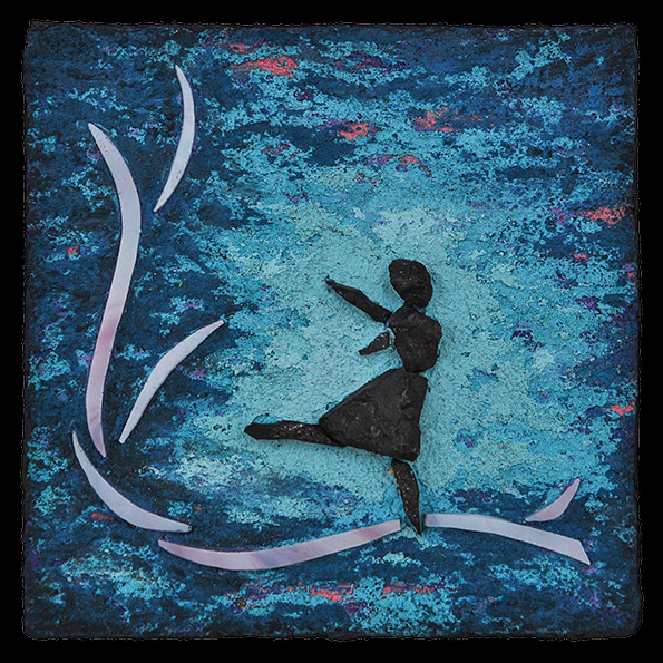 Leap, 2019, 6" X 6". Slag, stained glass, tinted thinset.