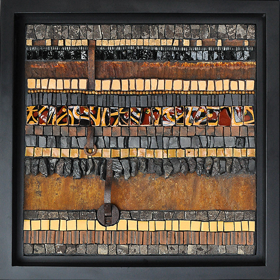 Rescued, 2020, 14 1/2" X 14 1/2". Shale, marble, pottery, plastic nurdles, rusted metal, smalti, salvaged manufactured tiles, beads, Sudbury slag rock, rust paint.