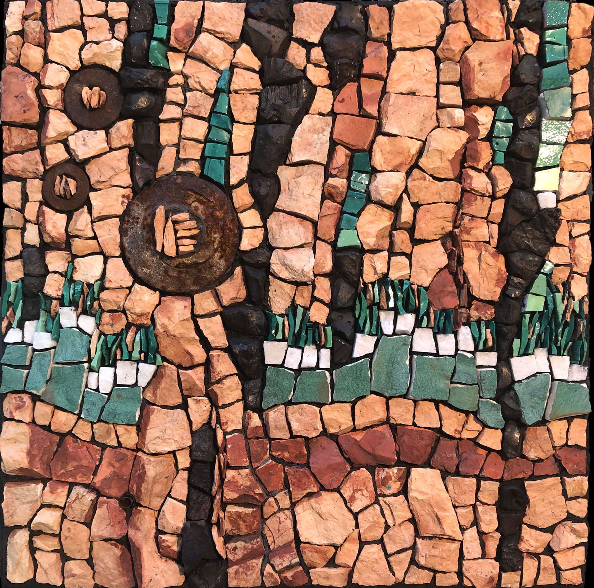 SOLD - From the Ashes, 2020, 10" X 10". Recycled handmade ceramic, rusted washers, smalti, "Red Dog" shale, Sudbury slag rock, marble Stained glass, smalti, porcelain tiles, beads,