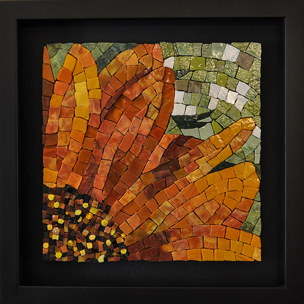 Sunflower, 2013, 8" X 8" (11" X 11" with frame). Smalti, millefiori.