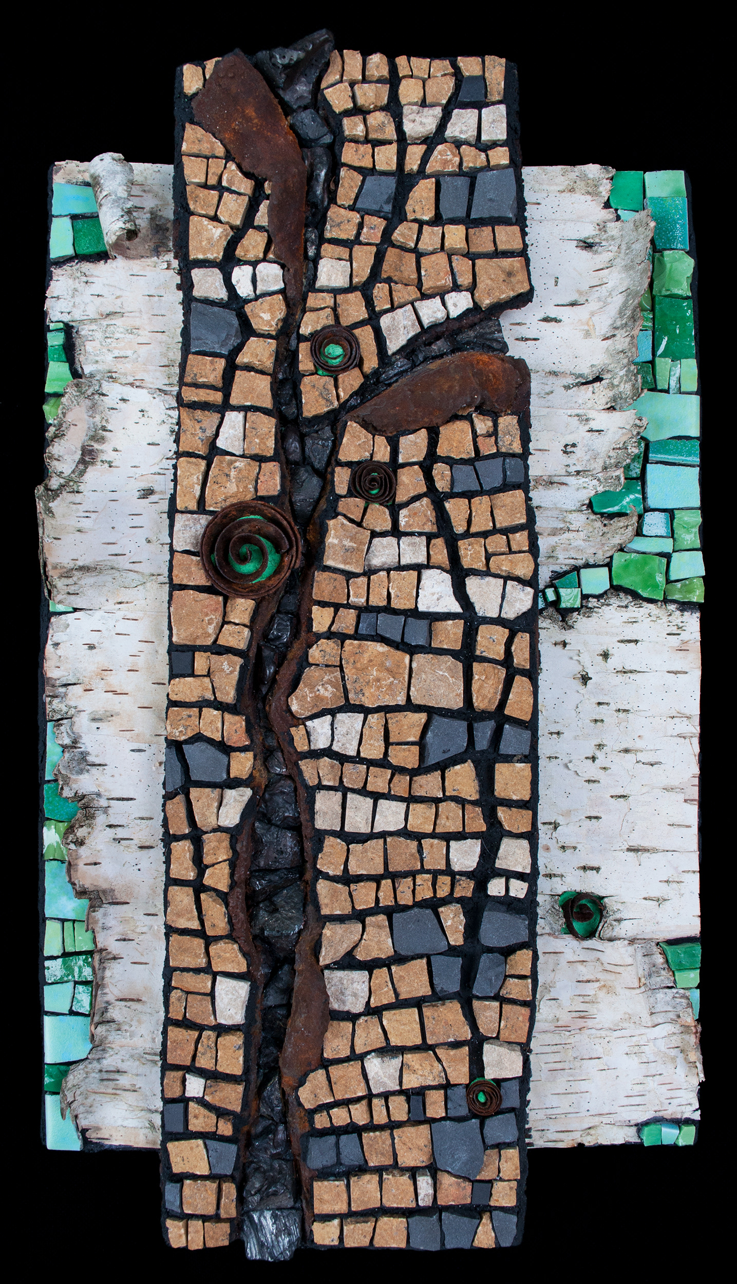 The Humble Pioneer, 2021, 8" X 14 1/4". Marble, salvaged porcelain, slag rocks, rusted metal, rust effect paint, Birch bark, smalti, stained glass, and ceramics, on a handmade substrate.