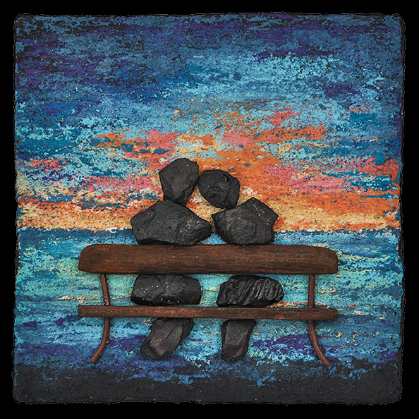 Companions, 2019, 6" X 6", SOLD. Slag, wood, copper, tinted thinset, patina paint.