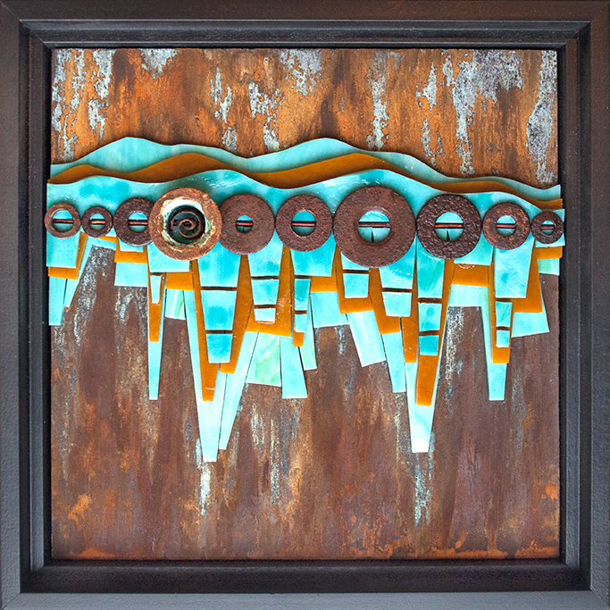 Midway, 2017, SOLD. Stained glass, Rusted washers, copper wire, other metal bits, patina paint.