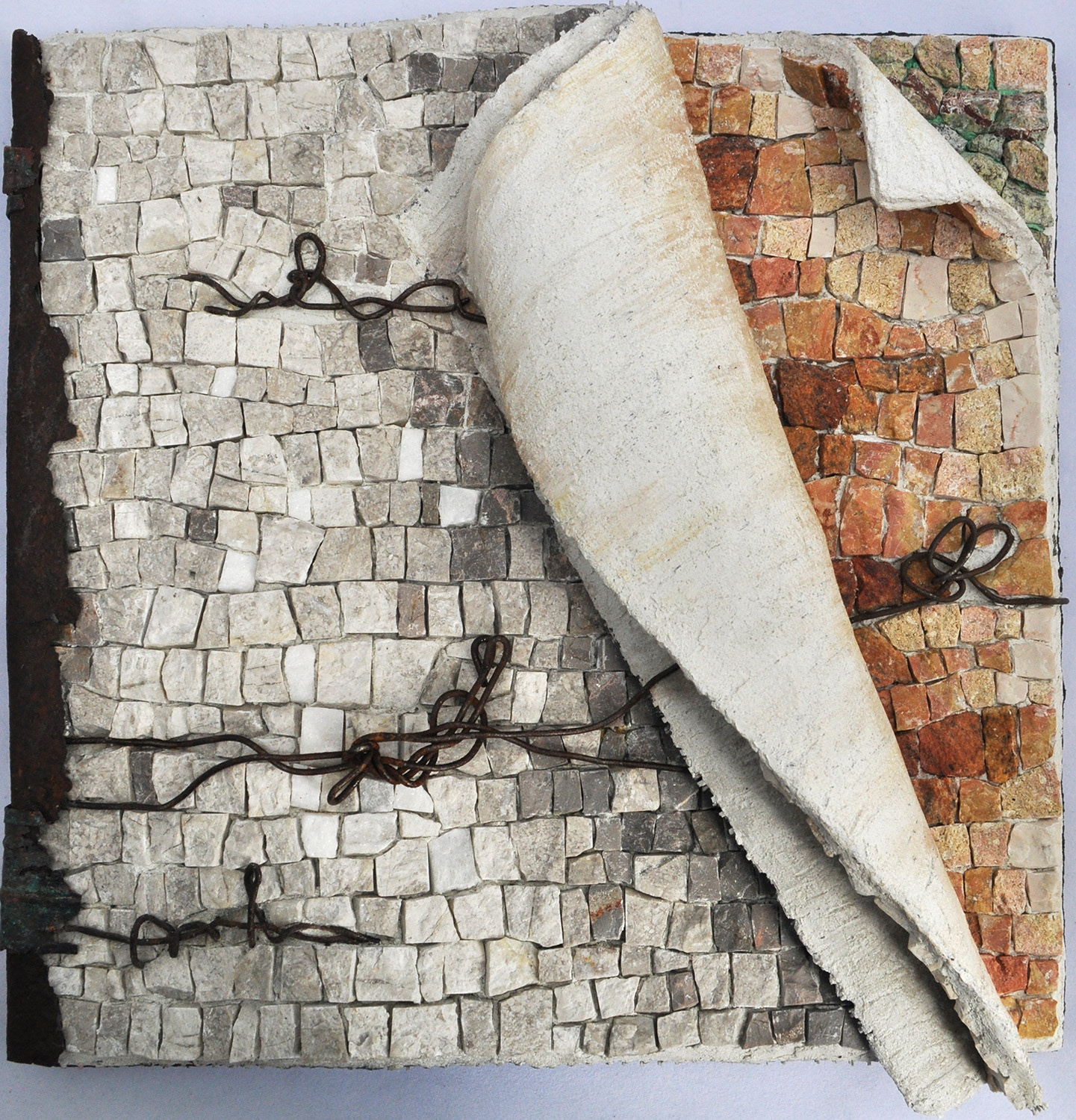 SOLD - Just Turn the F*cking Page, 10.5" x 10", 2024, handmade substrate, marble, granite, blood jasper, salvaged tiles, unknown rocks, rusted metal
