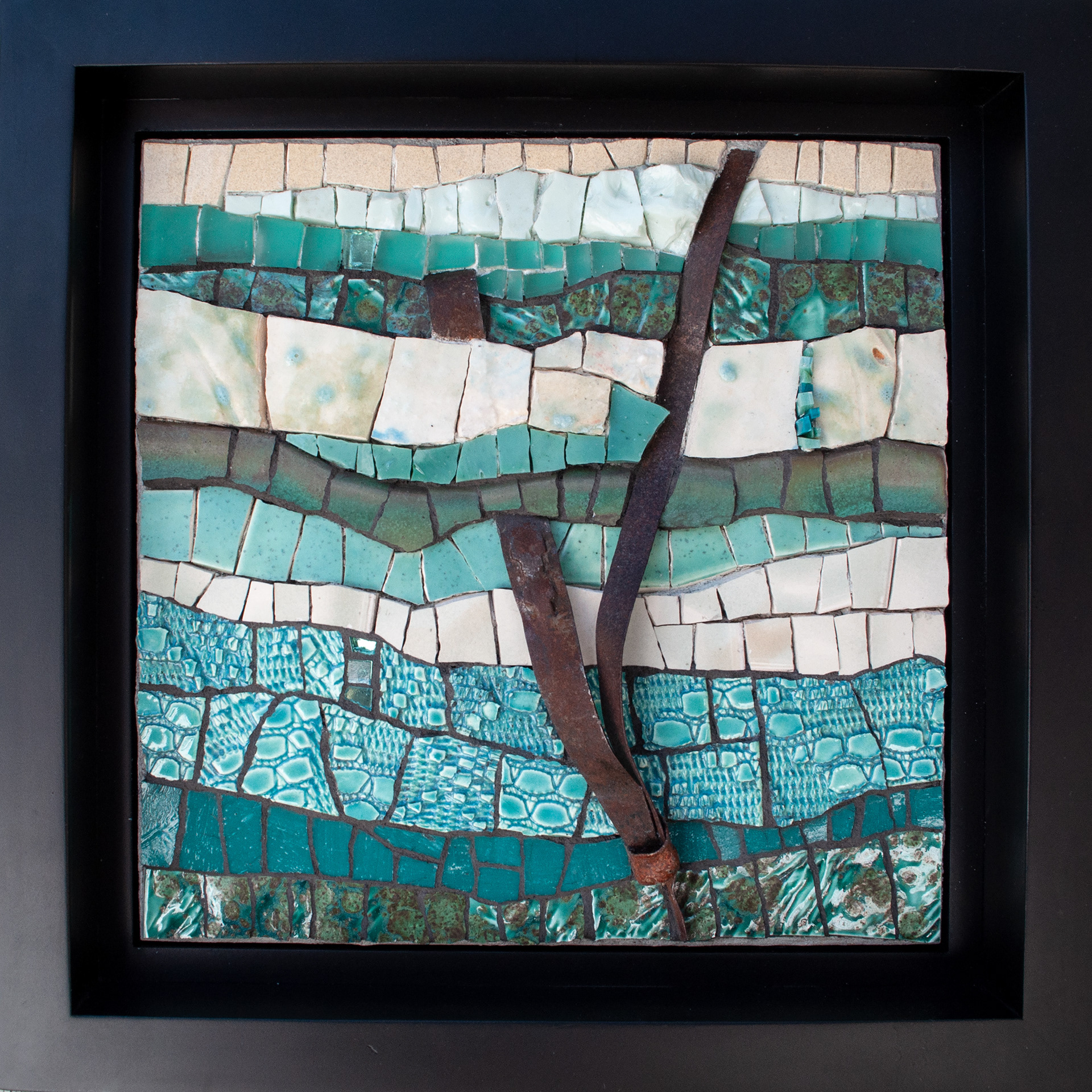 Non Linear, 2022, 10.25" X 10.25", handmade ceramics, salvaged porcelain, rusted metal and smalti.